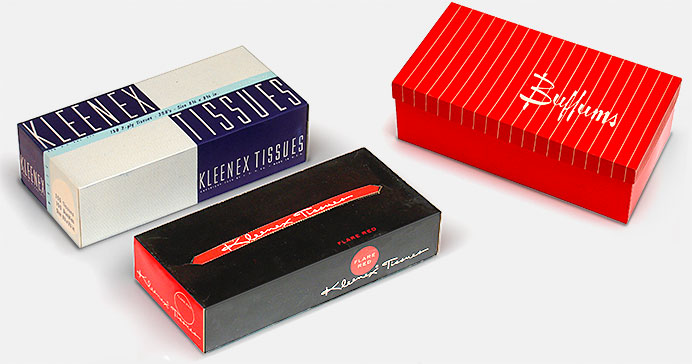 Vintage collectible Kleenex boxes, Buffums Department store box, Nu-Kote carbon paper. From 'The Box It Came In' at the web's largest private collection of antiques & collectibles: https://www.ericwrobbel.com/collections/boxes.htm