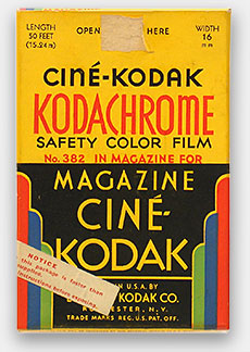 Vintage box of Ciné-Kodak Kodachrome Safety Color Film movie film (Eastman Kodak Co., USA, 1936). From 'The Box It Came In' at the web's largest private collection of antiques & collectibles: https://www.ericwrobbel.com/collections
