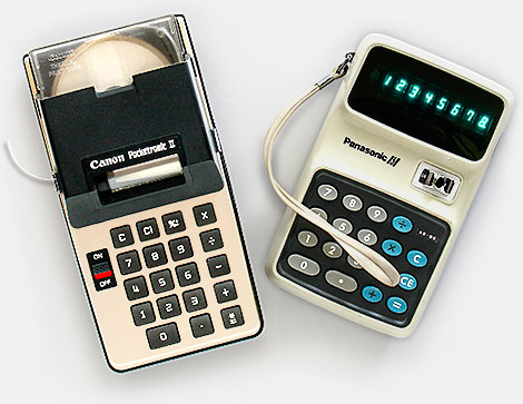 Collectible calculators: Canon Pocketronic II which displays and prints to a cartridge roll of thin paper thermal tape, 1974. Panasonic 850, Japan (1972). We think of the calculator today as mere 'business equipment,' yet these bring to mind that time in the 1970s when we all had to have one. Right before we all had to have CB radios, remember? From 'Pocket Calculators' at the web's largest private collection of antiques & collectibles: https://www.ericwrobbel.com/collections/calculators.htm