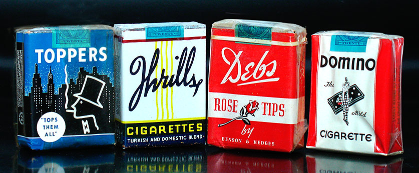 Old cigarette packs had some terrific designs in the 1940s and '50s. Here are Toppers from United Whelan and Thrills from Axton-Fisher Tobacco. Debs are by Benson & Hedges and have 'rose tips' like the early Marlboros. Domino is from Reed Tobacco, Larus & Bro. From 'Cigarette Packs' at the web's largest private collection of antiques & collectibles: https://www.ericwrobbel.com/collections/cigarettes-packs.htm