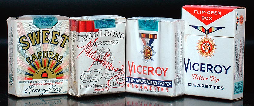 Vintage cigarette packs: Sweet Caporal by Kinney Brothers. Marlboro was first a women's cigarette with a red 'Beauty Tip' to hide unsightly lipstick smudges. The brand was repackaged in 1954 and the 'Marlboro Man' campaign turned it into the top selling brand in the world. The Viceroy packs show the ever-changing nature of package design. From 'Cigarette Packs' at the web's largest private collection of antiques & collectibles: https://www.ericwrobbel.com/collections/cigarettes-packs.htm