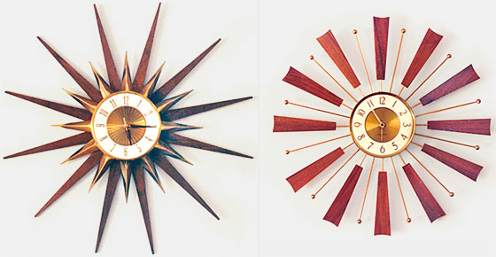 The mid-century George Nelson starburst (spike) clock by Howard Miller was a masterpiece of mid-century atomic jetage design. It inspired dozens of imitations-- some truly hideous like the top one you see here, some, like the bottom one, not so bad. From 'A Collection of Clocks' at the web's largest private collection of antiques & collectibles: https://www.ericwrobbel.com/collections/clocks.htm