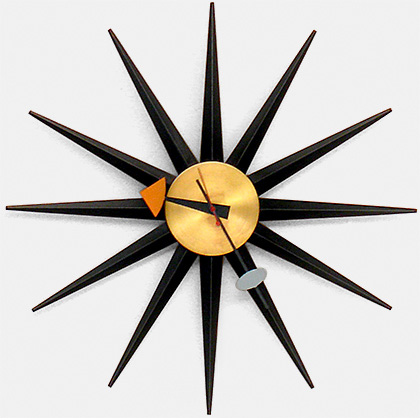 Mid-century George Nelson designed ball clock and spike clock (starburst) by Howard Miller. Also a nice mid-century black & gold Sheffield clock from Germany c.1960s. From 'A Collection of Clocks' at the web's largest private collection of antiques & collectibles: https://www.ericwrobbel.com/collections/clocks.htm