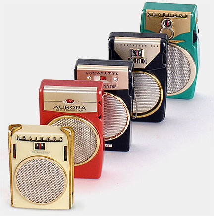 We see shameless knockoffs and lack of originality everywhere today from phones to cars to architecture. But this is nothing new. Here are knockoffs of the successful 1958 Sony TR-610 transistor radio from back in the day. Front to back: Realtone TR-803, Aurora, Lafayette, Honeytone G-606, and another Realtone, TR-1088. From Collecting 'Knockoffs and Ripoffs' at the web's largest private collection of antiques & collectibles: https://www.ericwrobbel.com/collections/collecting-knockoffs.htm