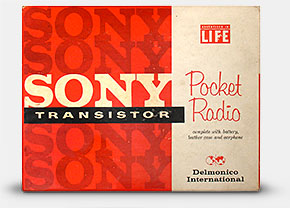 The original box for the 1958 Sony TR-610 transistor radio. Sony was still small then and their radios were distributed in the U.S. by Delmonico International, who made this box, carelessly rendering Sony's new logo on the front. Sony soon dismissed Delmonico and set up their own distribution arm in America. From Collecting 'Knockoffs and Ripoffs' at the web's largest private collection of antiques & collectibles: https://www.ericwrobbel.com/collections/collecting-knockoffs.htm