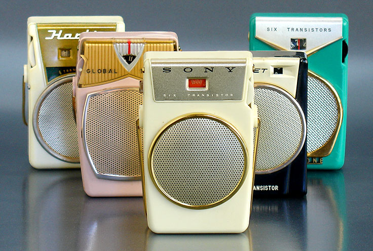 The 1958 Sony TR-610 transistor radio, front and center, was the first transistor radio from Japan to sell in huge quantities, making it a success many others sought to emulate. Pictured behind it are 'emulators' Harlie TR-661, Global GR-711, Sunset 666 (Hong Kong), and Realtone TR-801. From Collecting 'Knockoffs and Ripoffs' at the web's largest private collection of antiques & collectibles: https://www.ericwrobbel.com/collections/collecting-knockoffs.htm