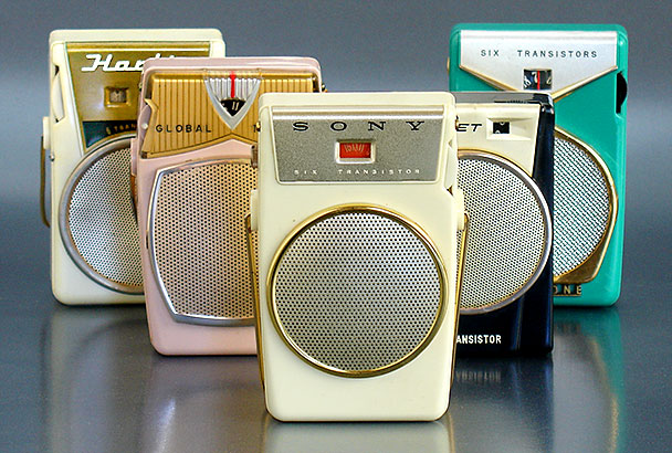 The 1958 Sony TR-610 transistor radio, front and center, was the first transistor radio from Japan to sell in huge quantities, making it a success many others sought to emulate. Pictured behind it are 'emulators' Harlie TR-661, Global GR-711, Sunset 666 (Hong Kong), and Realtone TR-801. From Collecting 'Knockoffs and Ripoffs' at the web's largest private collection of antiques & collectibles: https://www.ericwrobbel.com/collections/collecting-knockoffs.htm