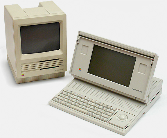 Collecting vintage computers: The 9-inch screen black & white Apple Macintosh shown at left looks like the first Mac from 1984 but this hot rod, the SE model from 1986, had 1 MB RAM and two floppy drives. The Macintosh Portable at right was $6,500 in 1989! It weighs over 16 pounds! 10-in screen. This is the first laptop Mac, predating the PowerBook. From 'Small Computers' at the web's largest private collection of antiques & collectibles: https://www.ericwrobbel.com/collections/computers.htm