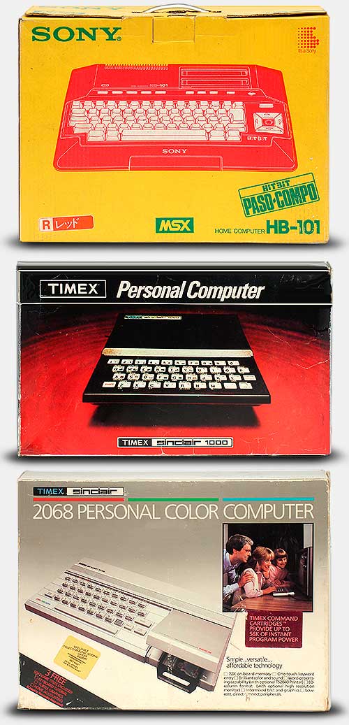 The boxes some early vintage computers came in: Sony HB-101 'Hit Bit,' Timex Sinclair 1000, made in Portugal (yes, Portugal), and the Timex Sinclair '2068 Personal Color Computer' made in Korea by Timex Computer Corporation. From 'Small Computers' at the web's largest private collection of antiques & collectibles: https://www.ericwrobbel.com/collections/computers.htm