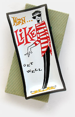 'Man... Like, Get Well'-- a get well ash tray gift featuring a 'beatnik.' Like, you know? The box says it's 'A Houze Art Product.' From 'Collecting Pop Culture' at the web's largest private collection of antiques & collectibles: https://www.ericwrobbel.com/collections/culture.htm