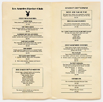 Los Angeles Playboy Club menu. Circa 1980. The cover of this menu features gorgeous 'pinup' artwork on a par with Elvgren and Petty. From 'Collecting Pop Culture' at the web's largest private collection of antiques & collectibles: https://www.ericwrobbel.com/collections/culture.htm