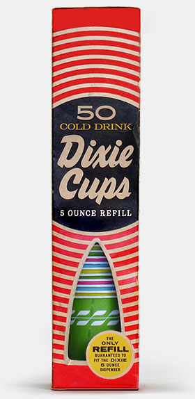 Colorful vintage 1960s version of the Dixie Cup. Devised in 1912 more for health reasons than just convenience, the Dixie cup was called 'Health Kup' until 1919. Before disposable cups and water fountains, it was common for people to use a community cup or dipper to drink water from public water barrels, easily spreading disease. From 'Our Disposable Culture' at the web's largest private collection of antiques & collectibles: https://www.ericwrobbel.com/collections/disposable-2.htm