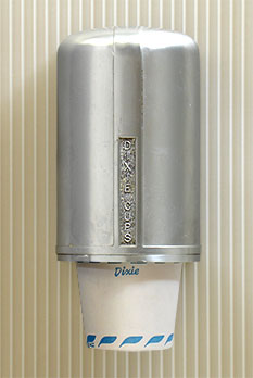 Vintage Dixie Cup dispenser in an art moderne style. More dixie cups and other examples at 'Our Disposable Culture' at the web's largest private collection of antiques & collectibles: https://www.ericwrobbel.com/collections/disposable-2.htm