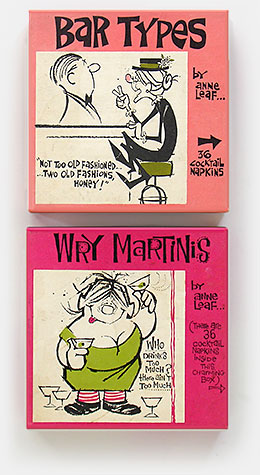 Vintage 1962 cocktail napkins 'Bar Types' and 'Wry Martinis' by Anne Leaf. Included are such cartoon gags as 'Not too old fashioned, TWO old fashions' and 'Who drinks too much? There ain't too much.' These are probably much funnier after several drinks. From Monogram of California. More vintage drink-related hilarity at the web's largest private collection of antiques & collectibles: https://www.ericwrobbel.com/collections/drinks-2.htm