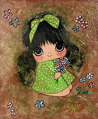 A vintage painting by 'Sheila' with BIG eyes. Sort of a cheerier, cutsier version of the big-eyed art from Keane. It looks like it was probably done commercially, that is to say with some hope of selling it through some pre-arranged channel. Good luck with that. But what am I saying? I bought it! From 'Fine Art, Big Eyes' at the web's largest private collection of antiques & collectibles: https://www.ericwrobbel.com/collections/fine-art-1.htm