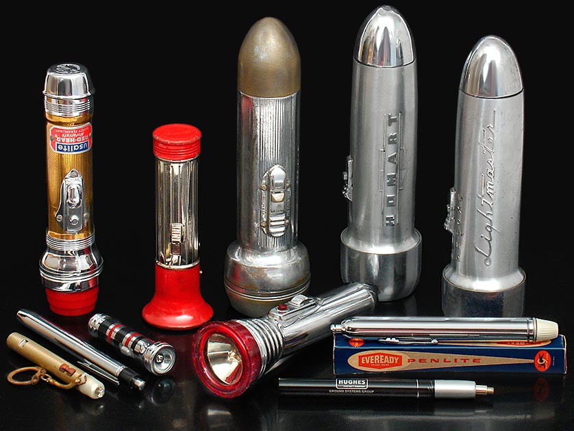 Antique flashlights are a fun retro collectible you can actually use. Most take standard batteries and use standard bulbs still commonly available. usalite, Homart, Lightmaster, Tom Thumb, Winchester, Eveready. The Hughes Aircraft Co., Ground Systems Group pocket flashlight is a genuine aerospace engineer's penlite right out of a pocket protector. From 'Flashlights' at the web's largest private collection of antiques & collectibles: https://www.ericwrobbel.com/collections/flashlights.htm