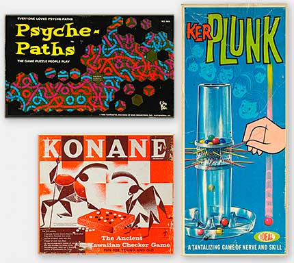 Vintage board games: You Don't Say! (Milton Bradley, 1963), Ring Toss (Transogram, c.1940), Old Maid (Parker Brothers, c.1950s), The Barbie Game (Mattel, 1960), TensegriToy 'geodesic building puzzle' (Tensegrity Systems, 1985), Pit (Parker Brothers, 1959), and 'Jump' aka 'Chicks and Checkers' (Cockamamie Ent. & Kanrom, 1965)—a checker set cheesecake pix all over it(!). From the web's largest private collection of antiques & collectibles: https://www.ericwrobbel.com/collections/games.htm