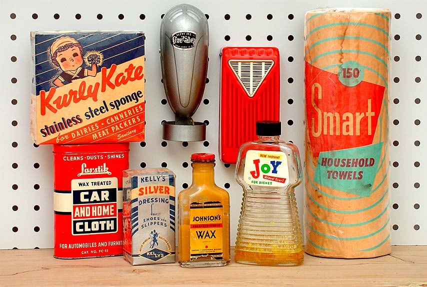 Vintage!-- Kurly Kate stainless steel sponge, c.1940s, Fire-Alert, c.1955, red Fedtro FA-1 fire alarm, c.1960, Smart Household (paper) Towels (Smart & Final Iris, c.1950), Las-stik Wax-Treated Cloth, 1970s, Kelly's Silver Dressing for shoes, c.1940, Johnson's Prepared-Liquid Wax, 1936, New Instant Joy for Dishes (Proctor & Gamble, c.1958). From 'Garage/Utility Collectibles' at the web's largest private collection of antiques & collectibles: https://www.ericwrobbel.com/collections/garage.htm
