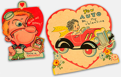 Valentine's Cards are a rich category in greeting card collecting. Occasionally they can be touching, but usually they're just delightfully dopey. Amateur psychologists can have a field day mulling over what was said in some of these old cards, but it's the artwork that makes them most appealing. From 'More Greeting Cards, Valentines' at the web's largest private collection of antiques & collectibles: https://www.ericwrobbel.com/collections/greeting-cards-2.htm