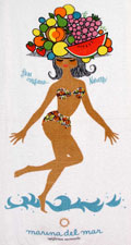 Wonderful beach towel advertises Marina del Mar California Swimsuits 'From California, Naturally,' c.1966. From 'More Bathroom Collectibles' at the web's largest private collection of antiques & collectibles: https://www.ericwrobbel.com/collections