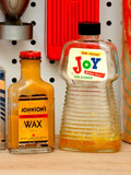 Vintage collectible Johnson's Prepared-Liquid Wax glass bottle (Wisconsin, USA, 1936), New Instant Joy for Dishes 'Mildest Ever' (Proctor & Gamble, USA, c.1958). From 'Garage/Utility Collectibles' at the web's largest private collection of antiques & collectibles: https://www.ericwrobbel.com/collections