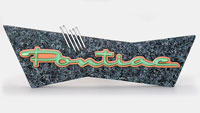 Retro Folk art adapted from front grille lettering of 1959 Pontiac Bonneville. Note the five-stripe design motif sticking up out of the top--calling to mind that distinctive feature of Pontiac design as much a part of the brand as Chief Pontiac himself for many years. From the web's largest private collection of antiques & collectibles: https://www.ericwrobbel.com/collections