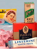 Bathroom Collectibles brighten the home: Spoolie (Spoolies) rubber hair curlers, USA, 1949. Voit Nose Clip (for swimmers), USA, c1960. Paris Garters (sock garters), A. Stein & Co., USA, c.1950. Listerine Toothpaste 'Double Size,' Lambert Pharmacal Co., St. Louis, USA, c.1950. From the web's largest private collection of antiques & collectibles: https://www.ericwrobbel.com/collections