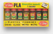 Vintage Testors Pla model paints. Let's build something! 'PLA Decorative Enamels' (USA, c.1955). See 'The Box It Came In' at the web's largest private collection of antiques & collectibles: https://www.ericwrobbel.com/collections