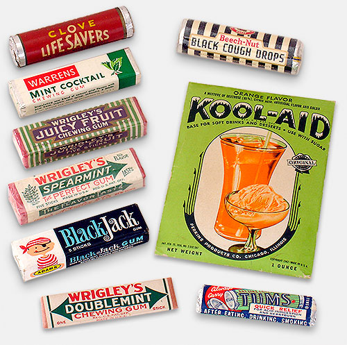 Clove Life Savers, Gum: Warrens Mint Cocktail, 1947, Wrigley's Juicy Fruit & Wrigley's Spearmint from the WW2 years when foil was conserved, Adams Black Jack, 1960s, and Wrigley's Doublemint. Beech-Nut Black Cough Drops c.1960, Kool-Aid 'base for soft drinks and desserts' (Perkins Products), patent date 1936, this pkg dated 1942, Tums (Lewis Howe), c.1950. From the web's largest private collection of antiques & collectibles: https://www.ericwrobbel.com/collections/kitchen-collectibles.htm