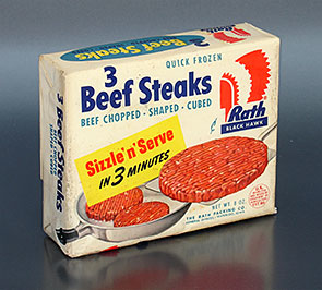 Mmmm, yummy! Processed, uncooked meat you can't even see before you buy. Growing up, my parents would have had nothing to do with the Quick Frozen 3 Beef Steaks by Rath Black Hawk shown here. Most convenience foods were looked at askance anyway, and this 'trust me' package would have impressed them not one bit. From 'More Kitchen Collectibles' at the web's largest private collection of antiques & collectibles: https://www.ericwrobbel.com/collections/kitchen-2.htm