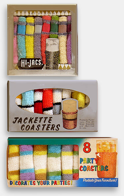 Coasters that go right on the glass! Hi-Jacs 'King of Coasters,' 'Keeps Ice Longer, protects your fine furniture, wonderful to hold.' Wonderful. Jackette Coasters 'protects furniture, fits all size glasses and bottled drinks,' Japan. 8 Party Coasters 'Decorates your party, protects your furniture.' From 'More Kitchen Collectibles' at the web's largest private collection of antiques & collectibles: https://www.ericwrobbel.com/collections/kitchen-2.htm