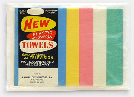 A forerunner or early version of the 'microfiber' towels that are everywhere today. New Plastic and Rayon Towels. The package says 'Made of a non-woven fabric. Same as shown on Television. No laundering necessary. Palmer Distributers, Detroit.' c.1959. From 'Still More Kitchen Collectibles' at the web's largest private collection of antiques & collectibles: https://www.ericwrobbel.com/collections/kitchen-3.htm