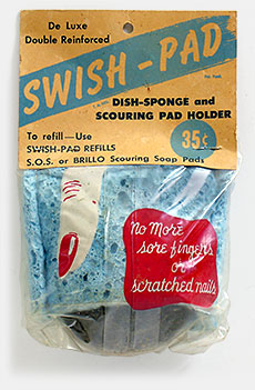 Swish-Pad Dish-Sponge and Scouring Pad Holder. 'No more sore fingers or scratched nails.' 1954. Corcoran Mfg. Co., Long Beach, California. De Luxe Double Reinforced, but of course. From 'Still More Kitchen Collectibles' at the web's largest private collection of antiques & collectibles: https://www.ericwrobbel.com/collections/kitchen-3.htm