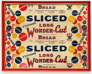 The greatest thing since sliced bread, this c.1933 Wonder bread label proclaims it is 'wonder-cut' and features the NRA (National Recovery Administration) symbol. I'm not much on framing or mounting collectibles that were never intended to be seen in that manner, but this one was all framed when I bought it and it went on my kitchen wall just like that. From the web's largest private collection of antiques & collectibles: https://www.ericwrobbel.com/collections/kitchen-collectibles.htm