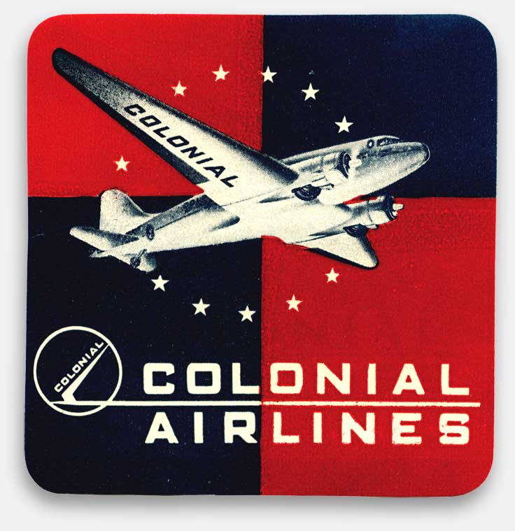Colonial Airlines luggage label from 'Luggage Labels & Airlines' at the web's largest private collection of antiques & collectibles: https://www.ericwrobbel.com/collections/labels.htm