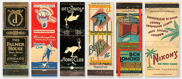 Collectible matchcovers from The Palmer House, Chicago, c.1930; Washington Nationals Baseball Club; Stork Club, New York City; Blue Bird Restaurant, Pueblo, Colorado; Hotel Ben Lomond, Ogden, Utah; Nixon's Family Restaurant and Bakery, Whittier, California, mid-1950s. Donald Nixon ran the restaurants while brother Richard said 'I am not a cook' and went to Washington. From the web's largest private collection of antiques & collectibles: https://www.ericwrobbel.com/collections/matchcovers.htm