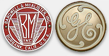 Vintage collectible nameplates: The BM button is from Bardwell & McAlister, a maker of movie lighting gear. The GE button is from a radio. From 'More Nameplates and Lettering' at the web's largest private collection of antiques & collectibles: https://www.ericwrobbel.com/collections/nameplates-lettering-2.htm