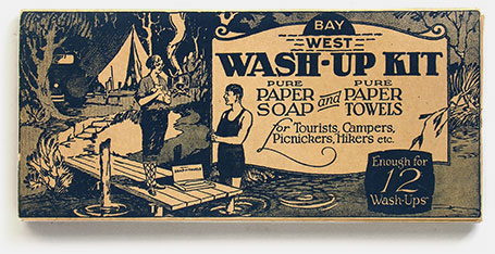 The forerunner of the 'handy wipe' -- The Bay West Wash-Up Kit, 1920. There can't be many of these still around. 'Pure Paper Soap and Pure Paper Towels, For tourists, campers, picnickers, hikers, etc.' Manufactured by Bay West Paper Co., Green Bay, Wisconsin. Made of pure sulphate (kraft). 'Pure-Clean-Sanitary.' From 'Nothing New Under the Sun' at the web's largest private collection of antiques & collectibles: https://www.ericwrobbel.com/collections/nothing-new.htm