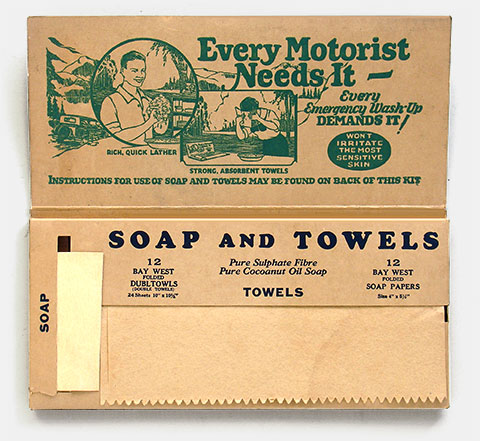 The forerunner of the 'handy wipe' -- The Bay West Wash-Up Kit, 1920. There can't be many of these still around. 'Pure Paper Soap and Pure Paper Towels, For tourists, campers, picnickers, hikers, etc.' Manufactured by Bay West Paper Co., Green Bay, Wisconsin. Made of pure sulphate (kraft). 'Pure-Clean-Sanitary.' From 'Nothing New Under the Sun' at the web's largest private collection of antiques & collectibles: https://www.ericwrobbel.com/collections/nothing-new.htm