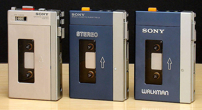 The Sony Walkman TPS-L2. Shown here from left to right: the Walkman's 1978 forerunner, the Sony TCM-600 'Pressman.' In the middle, an early 'unbranded' TPS-L2 Walkman. On the right, the Sony Walkman with its familiar logo. From 'Personal Music Players' at the web's largest private collection of antiques & collectibles: https://www.ericwrobbel.com/collections/personal-music.htm