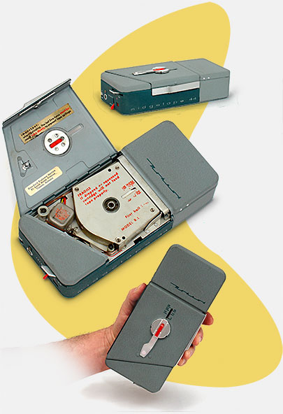 Vintage tape recorder: The impressive and strange American-made Mohawk Midgetape 44 (model BR-1). It's dated 1957 and uses a metal tape cartridge. The electronics inside include three subminiature tubes. The built-in hand crank is for manual rewind. From 'Pocket and Portable Tape Recorders' at the web's largest private collection of antiques & collectibles: https://www.ericwrobbel.com/collections/pocket-recorders.htm