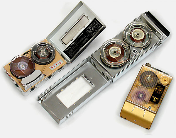 Three tiny vintage tape recorders: Craig TR-404 (Japan), a Sanyo-made recorder using 2.5-inch reels. Next is the all-chrome (wow!) Juliette LT-44 (Japan), using 3 inch reels, and at right the Fi-Cord 101S, a nifty little 'spy' recorder using 2-inch reels. It has a built-in microphone and was made in Switzerland. From 'Pocket and Portable Tape Recorders' at the web's largest private collection of antiques & collectibles: https://www.ericwrobbel.com/collections/pocket-recorders.htm