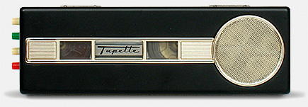 Vintage spy tape recorder, the Tapette, which takes extra-tiny 1.75-inch reels (Japan, mid-'60s). It measures just 8 inches by 2.65 inches. From 'Pocket and Portable Tape Recorders' at the web's largest private collection of antiques & collectibles: https://www.ericwrobbel.com/collections/pocket-recorders.htm