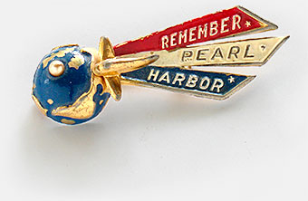 Remember Pearl Harbor, December 7, 1941. Vintage 1940s pin by Lampl is inscribed 'for aid to the Honolulu Community Chest.' From 'Collecting: A Rationale' at the web's largest private collection of antiques & collectibles: https://www.ericwrobbel.com/collections/rationale-1.htm