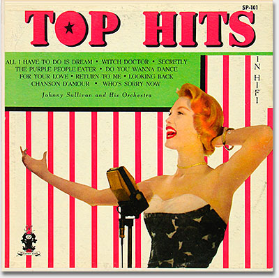 Record collecting, album covers: This one is the sort of record that found distribution on discount racks in dime stores. Cheezy! Top Hits in Hi Fi / Top Tunes / Johnny Sullivan and His Orchestra, Parade SP 101. From 'Records, Album Covers' at the web's largest private collection of antiques & collectibles: https://www.ericwrobbel.com/collections/records-1.htm