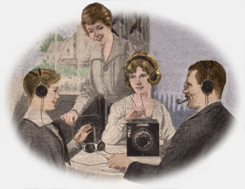 Early radio, circa 1920, could be heard only on headphones. That's Junior, Edna, and Pops listening in (above) while mom looks on wondering why this stupid family has radio but still no electric vacuum cleaner. What has this got to do with The Sony Walkman TPS-L2? Find out at the web's largest private collection of antiques & collectibles: https://www.ericwrobbel.com/collections/sony-walkman.htm