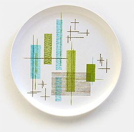 Vintage mid-century modern 9-5/8 inch plastic plate marked on the back with only this: 303, a small '3' under that, and Los Angeles, Calif. From 'On the Table' at the web's largest private collection of antiques & collectibles: https://www.ericwrobbel.com/collections/table-1.htm