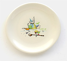 Charming vintage 7 or 8 inch plate from Brock of California features art of a coffee pot and spoon From 'On the Table' at the web's largest private collection of antiques & collectibles: https://www.ericwrobbel.com/collections/table-1.htm