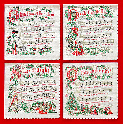 Christmas Carol Napkins designed in the sort of over-the-top riot of Christmas themes popular in the mid 20th century. Makes me want egg nog. From 'On the Table, More!' at the web's largest private collection of antiques & collectibles: https://www.ericwrobbel.com/collections/table-2.htm