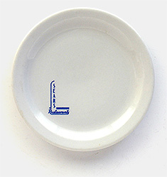 Vintage Sears Restaurants plate says on the back: Shenango China, New Castle, PA. U.S.A. 6-3/8 inches across.  From 'On the Table' at the web's largest private collection of antiques & collectibles: https://www.ericwrobbel.com/collections/table-1.htm